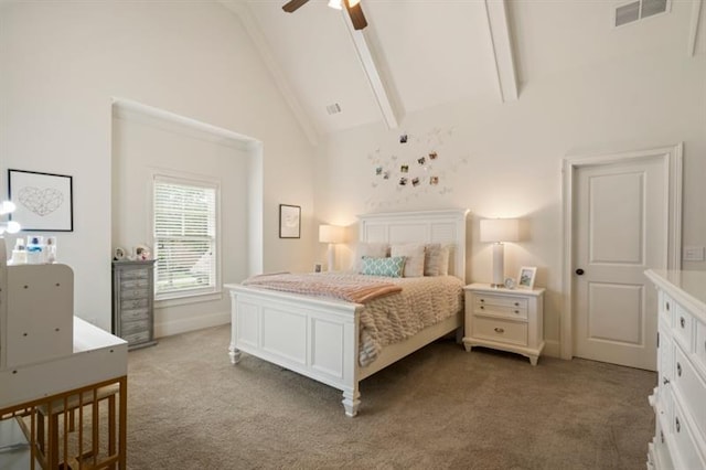 bedroom featuring ceiling fan, high vaulted ceiling, visible vents, beam ceiling, and carpet