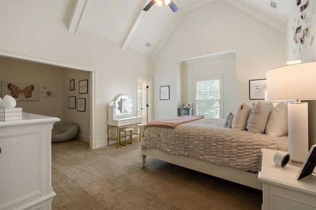 bedroom featuring visible vents, a ceiling fan, carpet flooring, high vaulted ceiling, and beam ceiling