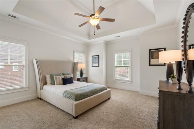 bedroom featuring a raised ceiling and light carpet