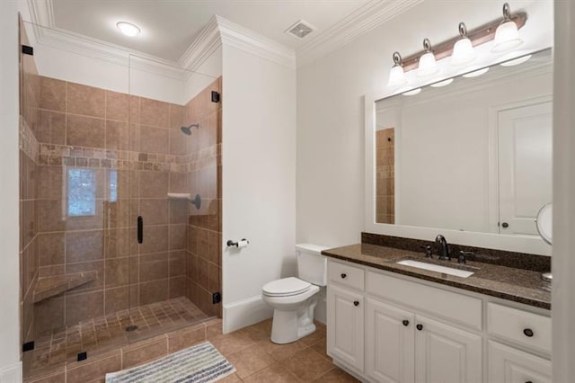 full bathroom with tile patterned flooring, toilet, vanity, ornamental molding, and a shower stall