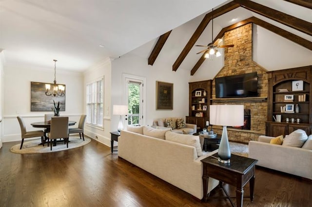 living area with beam ceiling, dark wood finished floors, a stone fireplace, high vaulted ceiling, and baseboards