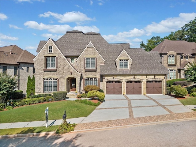 french country inspired facade with a garage and a front lawn