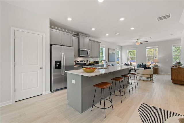 kitchen featuring visible vents, a kitchen breakfast bar, appliances with stainless steel finishes, gray cabinets, and an island with sink