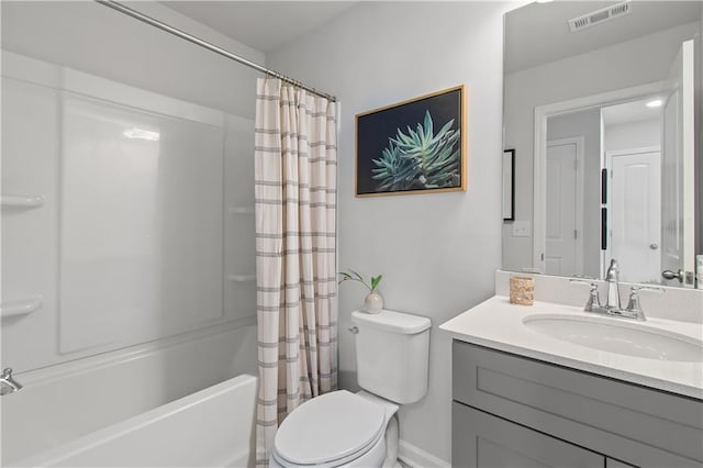 full bath with toilet, shower / tub combo, vanity, and visible vents