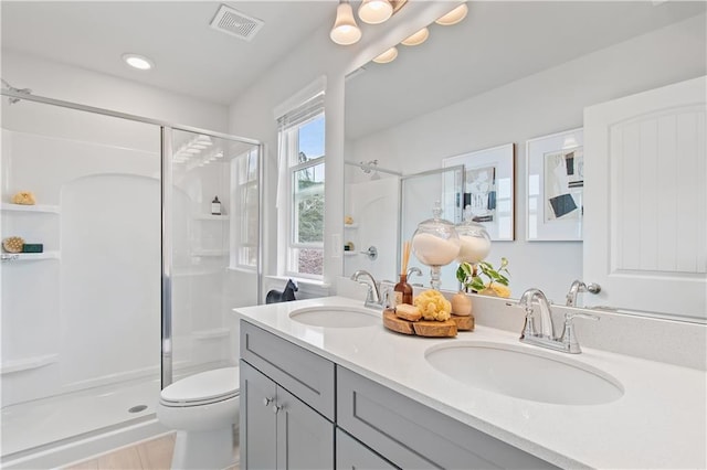 full bathroom featuring double vanity, a shower stall, visible vents, and a sink