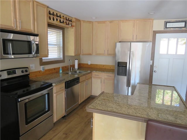 kitchen featuring appliances with stainless steel finishes, light stone countertops, wood finished floors, a sink, and light brown cabinets