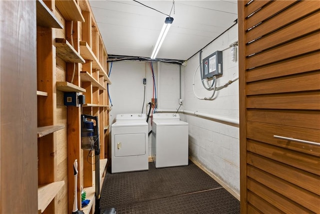 2109 Pine Tree Cir, Gainesville, GA 30501 - laundry room with washing machine and dryer and concrete block wall