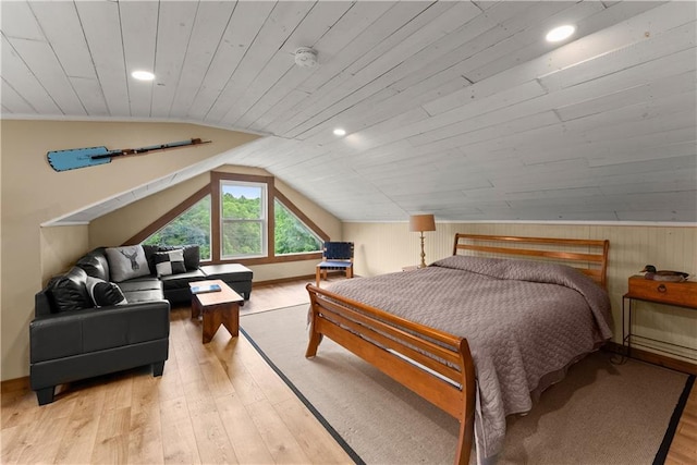 2109 Pine Tree Cir, Gainesville, GA 30501 - bedroom with vaulted ceiling, hardwood / wood-style floors, recessed lighting, wooden ceiling, and wooden walls