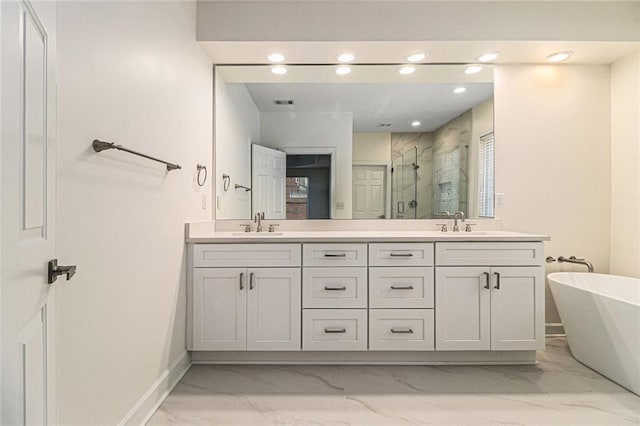 401 Wellwood Way, Roswell, GA 30075 - full bath featuring a shower stall, double vanity, marble finish flooring, recessed lighting, and a freestanding bath