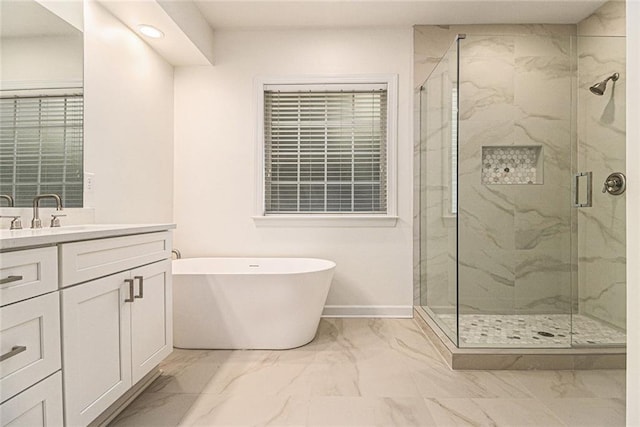 401 Wellwood Way, Roswell, GA 30075 - bathroom with marble look tile flooring, a marble finish shower, vanity, and recessed lighting
