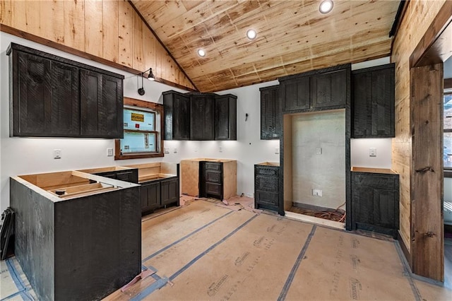 LOT40 Staurolite Mtn, Blue Ridge, GA 30513 - kitchen featuring wood ceiling, dark cabinetry, recessed lighting, and high vaulted ceiling