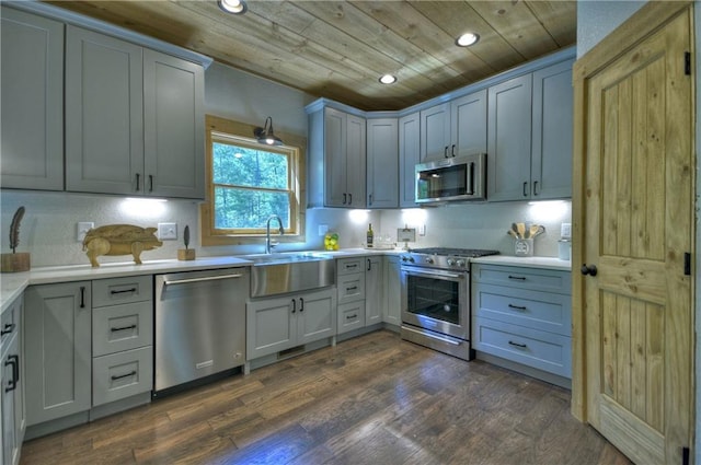 kitchen with sink, wood ceiling, appliances with stainless steel finishes, dark hardwood / wood-style flooring, and backsplash