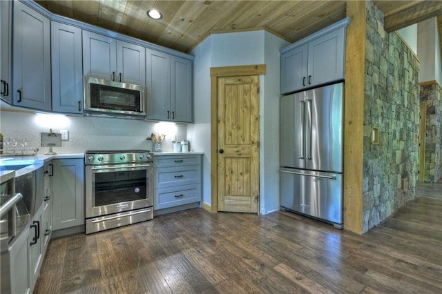 kitchen featuring dark hardwood / wood-style floors, wooden ceiling, and premium appliances