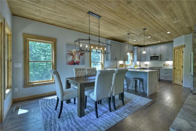 dining area with dark wood-type flooring, an inviting chandelier, and wood ceiling