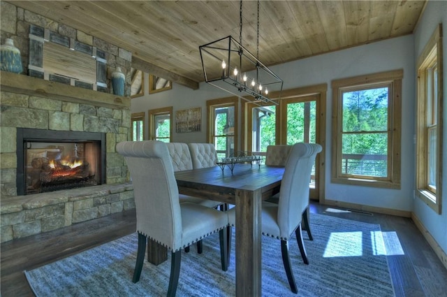 dining room with vaulted ceiling, dark hardwood / wood-style floors, a fireplace, and wood ceiling