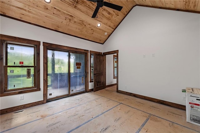 LOT40 Staurolite Mtn, Blue Ridge, GA 30513 - unfurnished room with wood ceiling, a ceiling fan, baseboards, and high vaulted ceiling