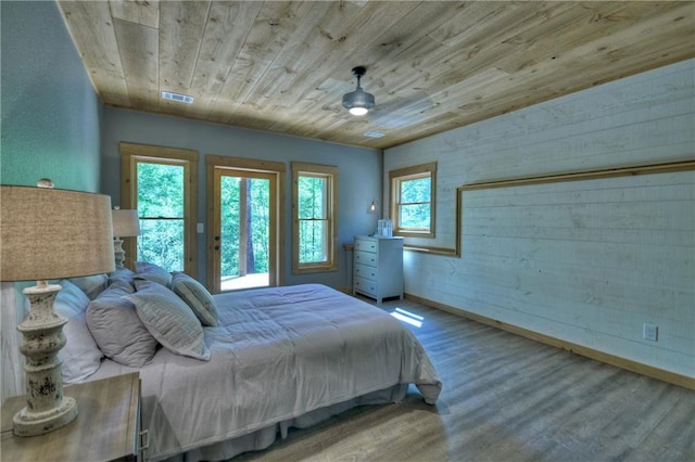 bedroom featuring wood ceiling and wood-type flooring