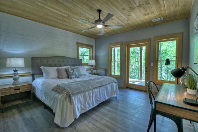 bedroom featuring wood ceiling, access to exterior, multiple windows, and hardwood / wood-style flooring