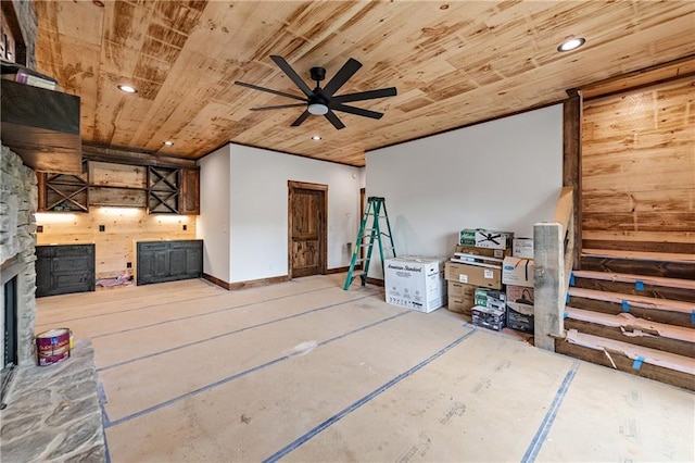 LOT40 Staurolite Mtn, Blue Ridge, GA 30513 - living area featuring wood ceiling, a ceiling fan, recessed lighting, and a fireplace