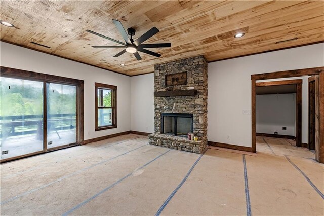 LOT40 Staurolite Mtn, Blue Ridge, GA 30513 - unfurnished living room with wooden ceiling, a ceiling fan, a fireplace, baseboards, and recessed lighting