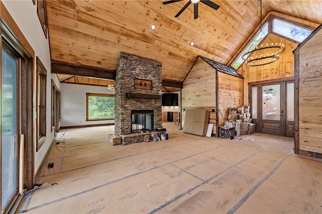 LOT40 Staurolite Mtn, Blue Ridge, GA 30513 - living area featuring wooden ceiling, high vaulted ceiling, a stone fireplace, a chandelier, and ceiling fan