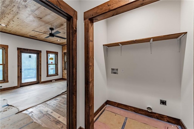 LOT40 Staurolite Mtn, Blue Ridge, GA 30513 - washroom featuring electric dryer hookup, washer hookup, baseboards, wood ceiling, and ceiling fan