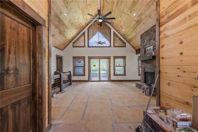 LOT40 Staurolite Mtn, Blue Ridge, GA 30513 - living room featuring high vaulted ceiling, a ceiling fan, a stone fireplace, wooden ceiling, and baseboards