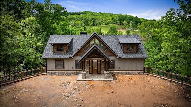 LOT40 Staurolite Mtn, Blue Ridge, GA 30513 - rustic home featuring a fenced backyard, a forest view, and a chimney