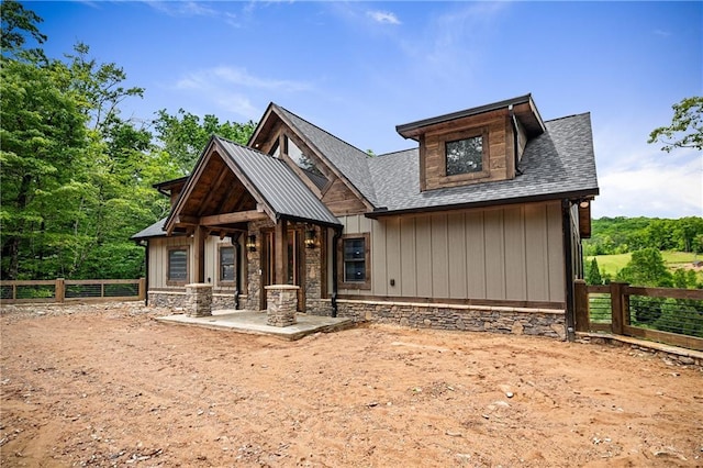 LOT40 Staurolite Mtn, Blue Ridge, GA 30513 - view of front facade with fence, stone siding, board and batten siding, and a shingled roof