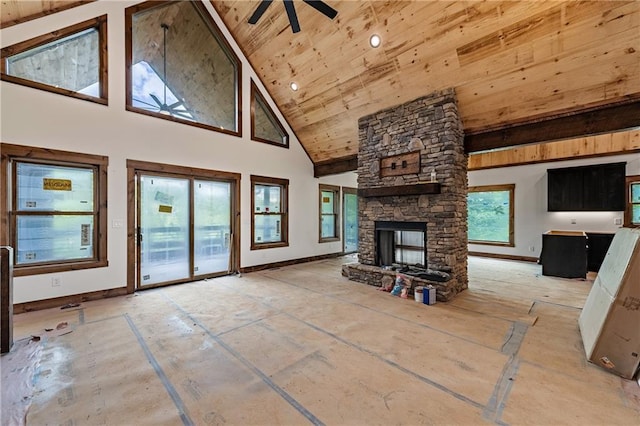 LOT40 Staurolite Mtn, Blue Ridge, GA 30513 - unfurnished living room featuring high vaulted ceiling, wood ceiling, a ceiling fan, a stone fireplace, and baseboards