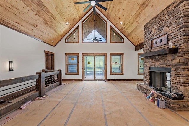 LOT40 Staurolite Mtn, Blue Ridge, GA 30513 - unfurnished living room featuring a ceiling fan, high vaulted ceiling, wood ceiling, a stone fireplace, and baseboards