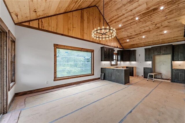 LOT40 Staurolite Mtn, Blue Ridge, GA 30513 - kitchen with wood ceiling, high vaulted ceiling, a chandelier, a peninsula, and recessed lighting