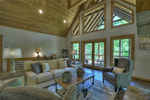 living room featuring french doors, wood ceiling, wood-type flooring, and high vaulted ceiling