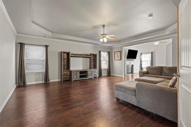 living room with ceiling fan, ornamental molding, dark hardwood / wood-style flooring, and a tray ceiling