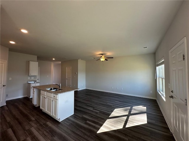 8666 Webb Rd, Riverdale, GA 30274 - kitchen featuring a sink, baseboards, dark wood-style flooring, white cabinets, and recessed lighting