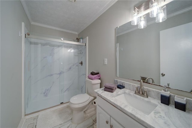 bathroom featuring vanity, an enclosed shower, a textured ceiling, and ornamental molding