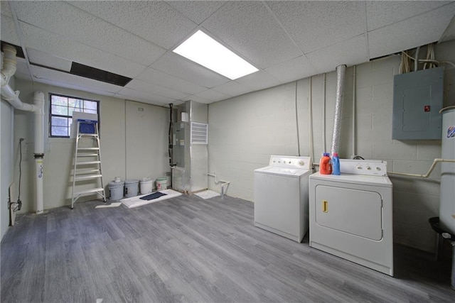 clothes washing area featuring light hardwood / wood-style floors, washing machine and dryer, and electric panel