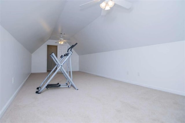 2003 Hubbard Ct, Villa Rica, GA 30180 - exercise room with ceiling fan, carpet, vaulted ceiling, and baseboards