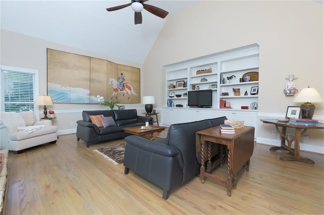 130 Hamilton Way, Roswell, GA 30075 - living room featuring light wood-style flooring, ceiling fan, and high vaulted ceiling