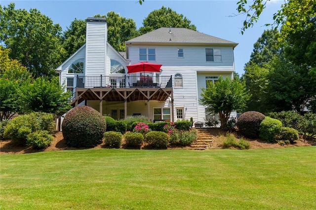 130 Hamilton Way, Roswell, GA 30075 - back of property with a wooden deck, a lawn, stairway, and a chimney