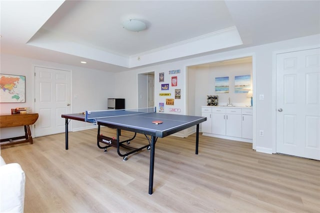 130 Hamilton Way, Roswell, GA 30075 - playroom featuring a tray ceiling, light wood-type flooring, and recessed lighting