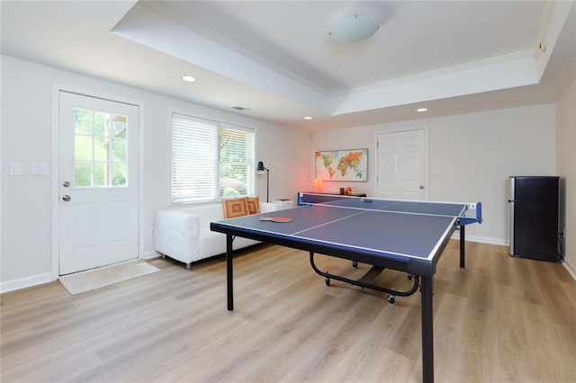 130 Hamilton Way, Roswell, GA 30075 - game room featuring a raised ceiling, crown molding, recessed lighting, and light wood-type flooring