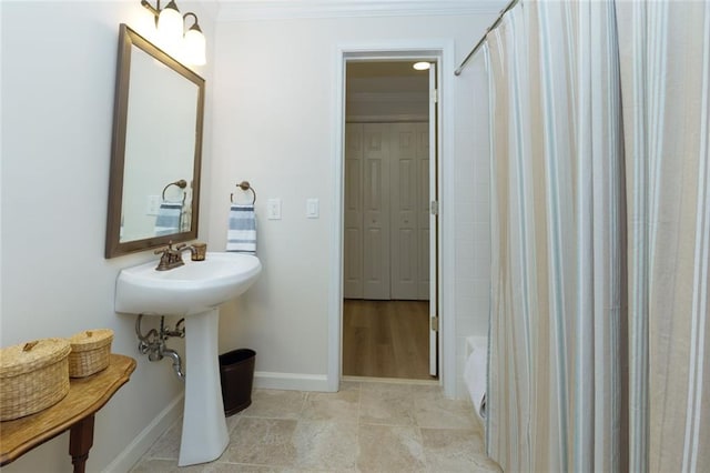 130 Hamilton Way, Roswell, GA 30075 - full bath with shower / bath combo with shower curtain, ornamental molding, and tile patterned flooring