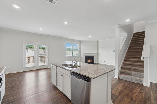 96 Quail Bend Way, Dallas, GA 30157 - kitchen with stainless steel dishwasher, a sink, crown molding, open floor plan, and dark wood-style floors