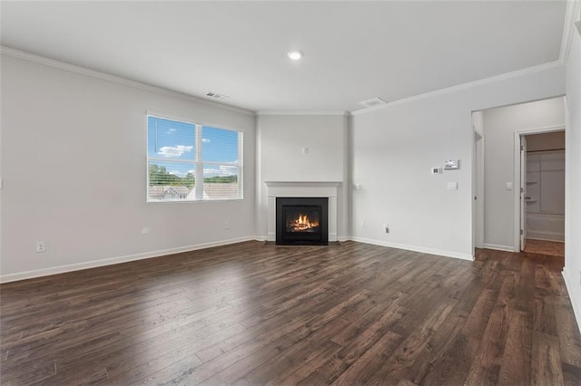 96 Quail Bend Way, Dallas, GA 30157 - unfurnished living room featuring crown molding, dark wood finished floors, a lit fireplace, baseboards, and recessed lighting