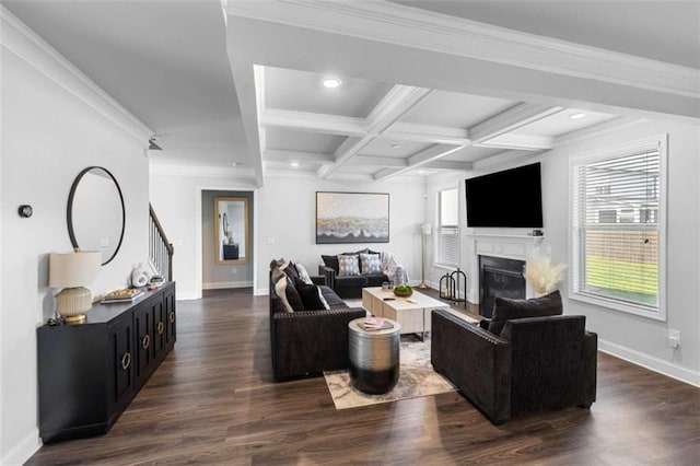 3717 Blue Goose Ln, Loganville, GA 30052 - living area featuring beamed ceiling, a fireplace, stairs, dark wood-style floors, and coffered ceiling