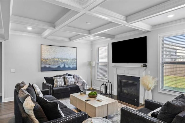 3717 Blue Goose Ln, Loganville, GA 30052 - living room with a fireplace with flush hearth, wood finished floors, beam ceiling, coffered ceiling, and recessed lighting