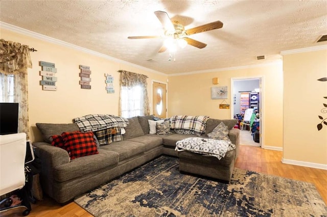 312 Henderson Mill Rd, Mansfield, GA 30055 - living room with baseboards, ceiling fan, ornamental molding, wood finished floors, and a textured ceiling