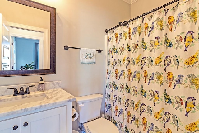 bathroom with curtained shower, toilet, and vanity