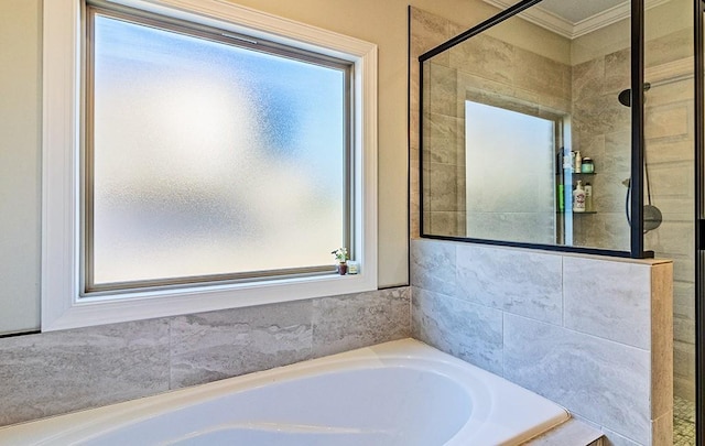 bathroom with a bath, a shower stall, and ornamental molding
